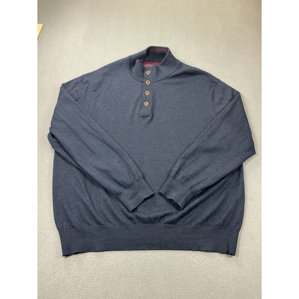 Orvis Sweater Mens 2XL Navy Blue 100% Merino Wool Button Neck Pullover‎ Knit Dad